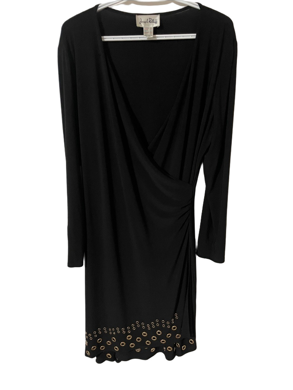 Joseph Ribkoff Black Faux-Wrap Dress with Grommet Detail Size 16
